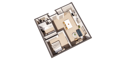 Floor plan for 1 bed, 1 bath, 858 sqft